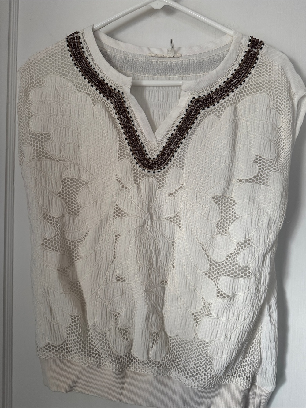 Pilcro White Crochet Lace V-Neck Tunic with Beaded Trim